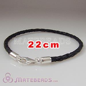 22cm black braided European leather bracelet sterling lobster clasp