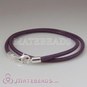 40cm purple slippy European double leather bracelet sterling lobster clasp