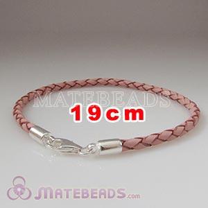 19cm pink braided European leather bracelet sterling lobster clasp