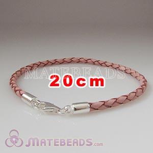 20cm pink braided European leather bracelet sterling lobster clasp