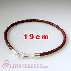 19cm brown braided European leather bracelet sterling lobster clasp
