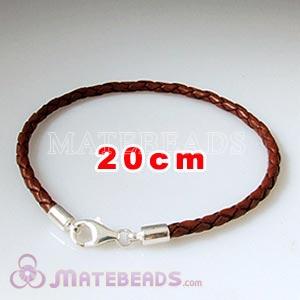 20cm brown braided European leather bracelet sterling lobster clasp