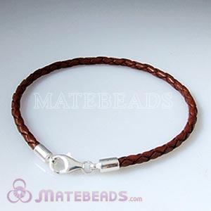 26cm brown braided European leather bracelet sterling lobster clasp