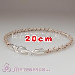 20cm white braided European leather bracelet sterling lobster clasp