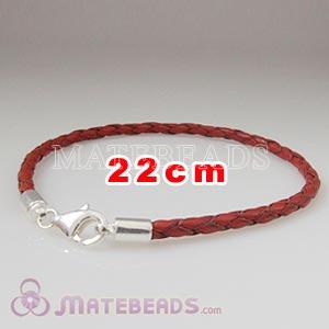 22cm red braided European leather bracelet sterling lobster clasp