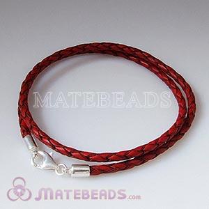 44cm red braided European leather necklace sterling lobster clasp