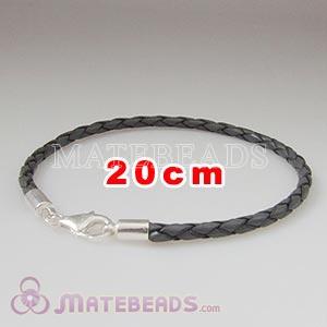 20cm gray braided European leather bracelet sterling lobster clasp
