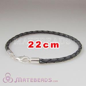 22cm gray braided European leather bracelet sterling lobster clasp