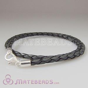 44cm gray braided European leather necklace sterling lobster clasp