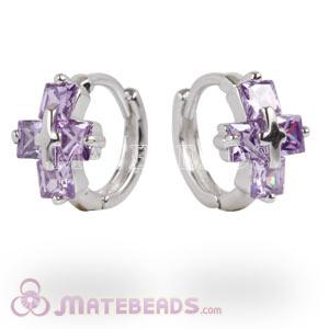 925 Sterling Silver Cross Purple CZ Huggie Hoop Earrings