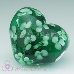green glass heart pendant with tri-petals flower design fit St. Patrick's day