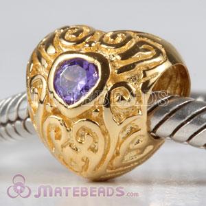 Wholesale gold plated sterling Largehole Jewelry love beads with purple stone