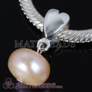 Sterling Silver Heart Bead Dangle 10mm Freshwater Pearl Charms fit European Bracelet