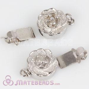 10.5X10.5mm Flower Rhodium Plated Sterling Silver Pearl Fishhook Clasp