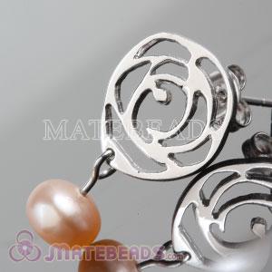 925 Sterling Silver Rhodium Plated Flower Stud Earrings with Freshwater Pearl