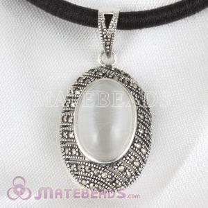 Thai Sterling Silver inlay Oval White Opal Marcasite Pendant