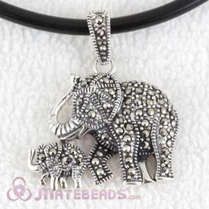 Thai Sterling Silver Mother and Child Elephant Marcasite Pendant
