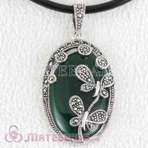 Thai Sterling Silver inlay Green Agate Double Dragonfly Marcasite Pendant