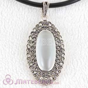 Thai Sterling Silver inlay Oval White Opal Marcasite Pendant
