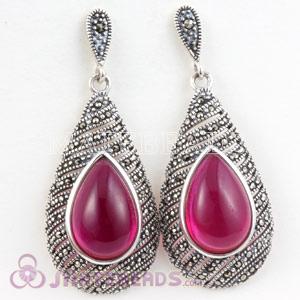 Thai Sterling Silver inlay Teardrop Ruby Marcasite Earrings