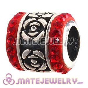 925 Sterling Silver Rose Flower Barrel Beads With Red Austrian Crystal 