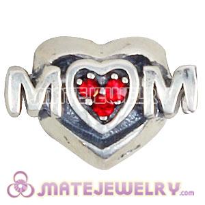 Sterling Silver European MOM Heart Bead with Light Siam Austrian Crystal