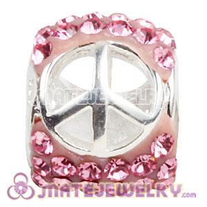 925 Sterling Silver Peace Sign Beads With Pink Austrian Crystal 