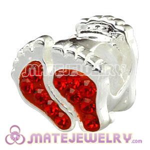 925 Sterling Silver Feet Charms Bead With Red Austrian Crystal 