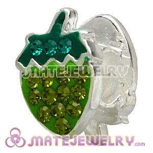 925 Sterling Silver Strawberry Charm Beads With Green Austrian Crystal 
