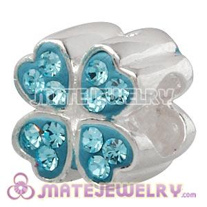 925 Sterling Silver Four Leaf Clover Charm Beads With Cyan Austrian Crystal 