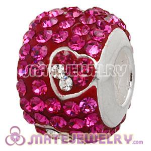925 Sterling Silver Charm Beads With Heart Fushia Austrian Crystal 