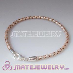 26cm white braided European leather bracelet sterling lobster clasp