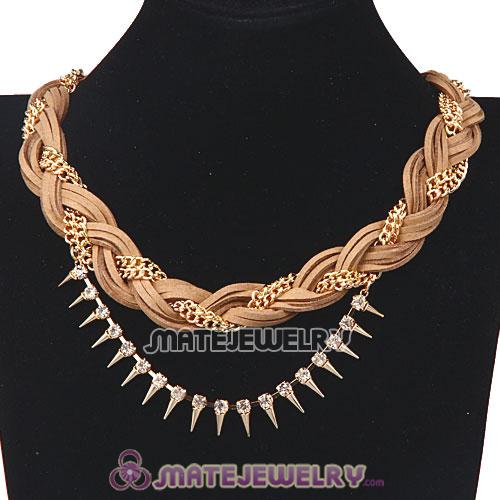 Wholesale Gold Chain Brown Braided Leather Collar Necklace With Crystal And Rivet