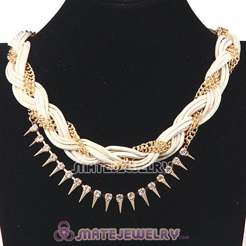 Wholesale Gold Chain Braided Leather Collar Necklace With Crystal And Rivet