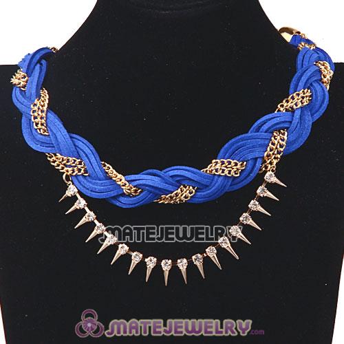 Wholesale Gold Chain Navy Braided Leather Collar Necklace With Crystal And Rivet
