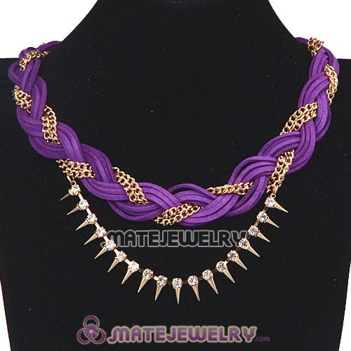 Wholesale Gold Chain Purple Braided Leather Collar Necklace With Crystal And Rivet