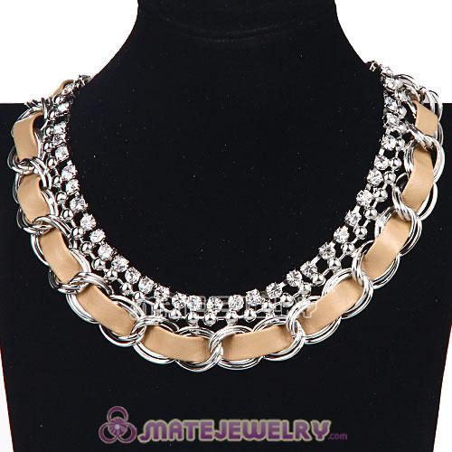 Wholesale Silver Chain Ladies Rhinestone Leather Chunky Choker Bib Necklace