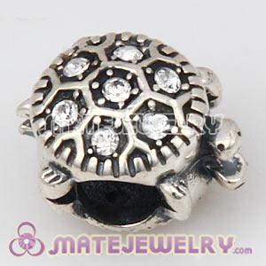925 Sterling Silver European Turtle Charm Bead With Clear Austrian Crystal