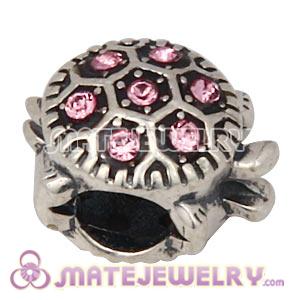 925 Sterling Silver European Turtle Charm Bead With Light Rose Austrian Crystal
