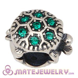 925 Sterling Silver European Turtle Charm Bead With Emerald Austrian Crystal
