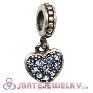 Sterling Silver European Light Sapphire Pave Heart Dangle With Light Sapphire Austrian Crystal