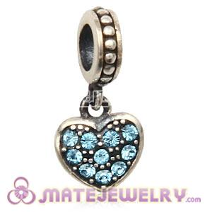Sterling Silver European Aquamarine Pave Heart Dangle With Aquamarine Austrian Crystal