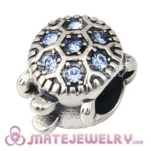 925 Sterling Silver European Turtle Charm Bead With Light Sapphire Austrian Crystal