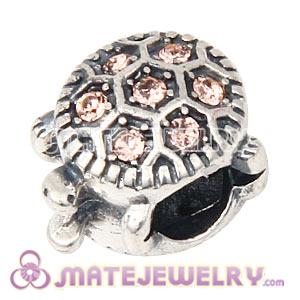 925 Sterling Silver European Turtle Charm Bead With Light Peach Austrian Crystal