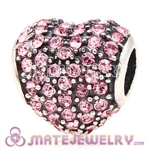 European Sterling Silver Light Rose Pave Heart With Light Rose Austrian Crystal Charm