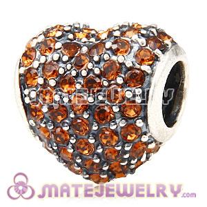 European Sterling Smoked Topaz Pave Heart With Smoked Topaz Austrian Crystal Charm