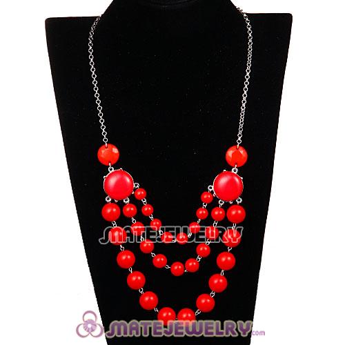 Fashion Silver Chains Three Layers Coral Red Resin Bubble Bib Necklace 