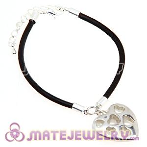 Black Slippy Leather Heart Charm Bracelet Wholesale