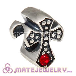 925 Sterling Silver European Cross Charm Bead with Light Siam Austrian Crystal
