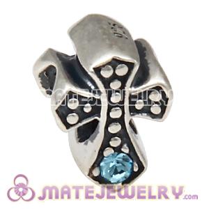 925 Sterling Silver European Cross Charm Bead with Aquamarine Austrian Crystal